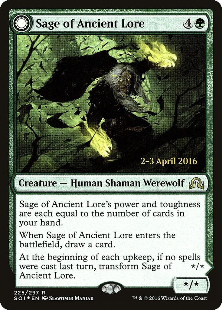 Sage of Ancient Lore // Werewolf of Ancient Hunger · Shadows over Innistrad Promos